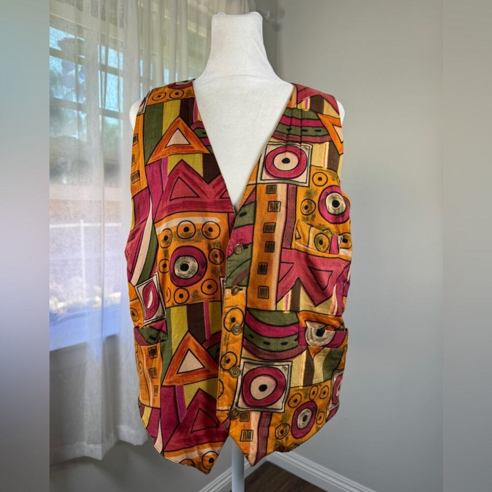 Vintage ‘90s Bruno Multicolored Abstract Print V-Neck Button Down Unisex Vest